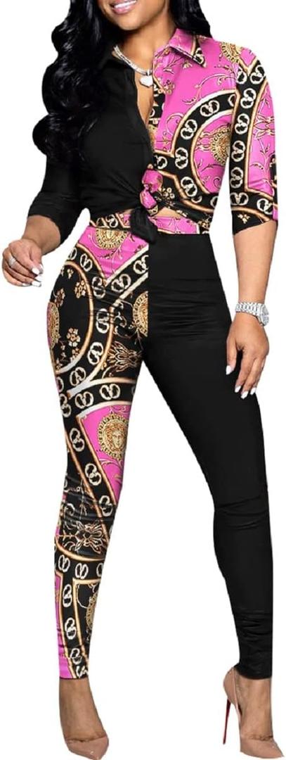 Glozeplus 2 Piece Outfits for Women Sexy Bodycon Long Sleeve Crop Tops Long Pants Sets Floral Print Tracksuits Jumpsuits (Medium, Colorful10884-5)