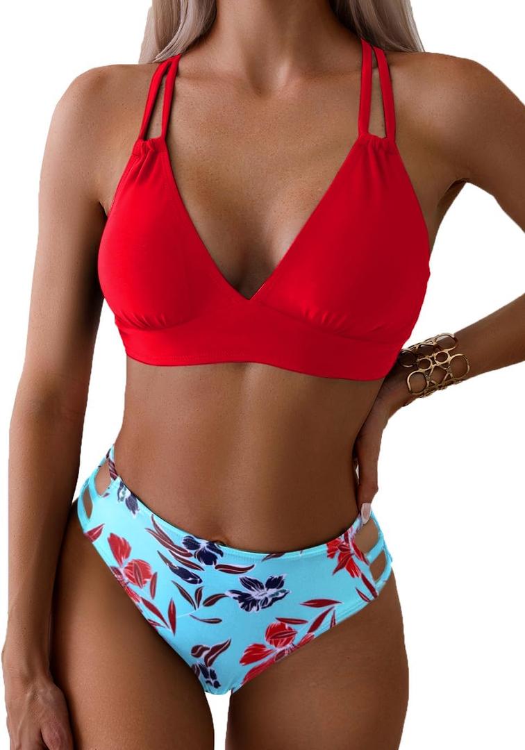 Tainehs Women's Push Up V Neck Bikini Sets Criss Cross Back Two Piece Bathing Suit (Medium, Red Floral)