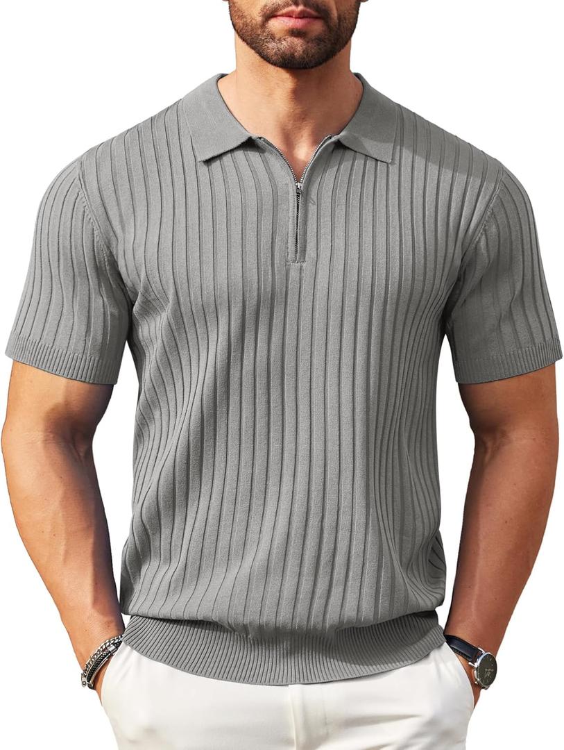 COOFANDY Men's Zipper Polo Shirts Short Sleeve Ribbed Knit Polo T Shirts Fashion Casual Golf Shirts (Medium)