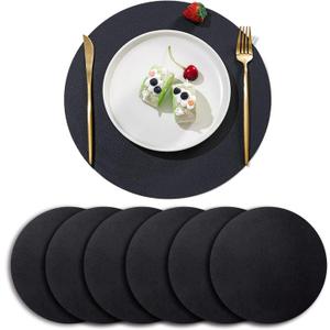Faux Leather Black Placemats, 13.5" Wipe Clean Stain-Proof Non-Slip Heat Resistant Round Placemats Set of 6, Dining Table Mats for Kitchen Table Plate