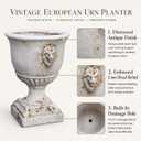 16.5 Inch Tall Antique White Urn Planter with Drainage, Vintage Rustic Outdoor Flower Pot, Pedestal Floor Planter for Patio, Front Porch, Garden, Entryway and Indoor Decor