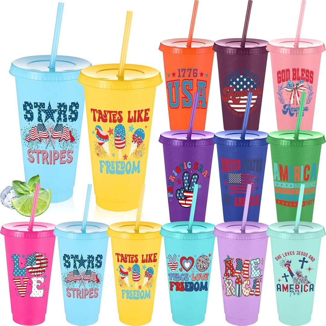 Skylety 12 pcs 4th of July Plastic Cups 24 oz Patriotic Tumbler Lids Straws Memorial Day Party Favors Independence Day Party Decoration Supplies, Light Color
