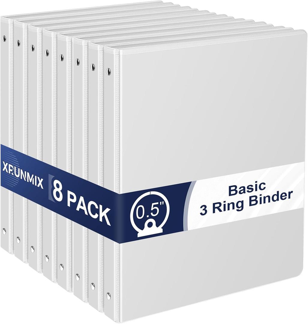 0.5-Inch 3-Ring-Binder with Pockets, 1/2'' Basic Binders 1-inch View Round Binders Holds 100 Sheets US Letter Size 8.5'' x 11'' - Bundle Packs Perfect for Home, Office, and School (0.5-inch) 8 PAck