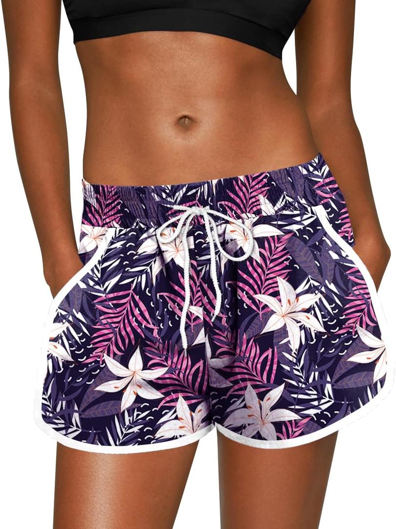 For G and PL Women Summer Floral Beach Boardshorts with Pockets Swim Trunks (Pink, XL)