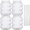 8Pcs Ribbed Glass Cups Set Creative Wavy Drinking Glasses Clear Glassware for Coffee Cocktail Juice Water Soda Tea Drinking Glasses Straws 650ml
