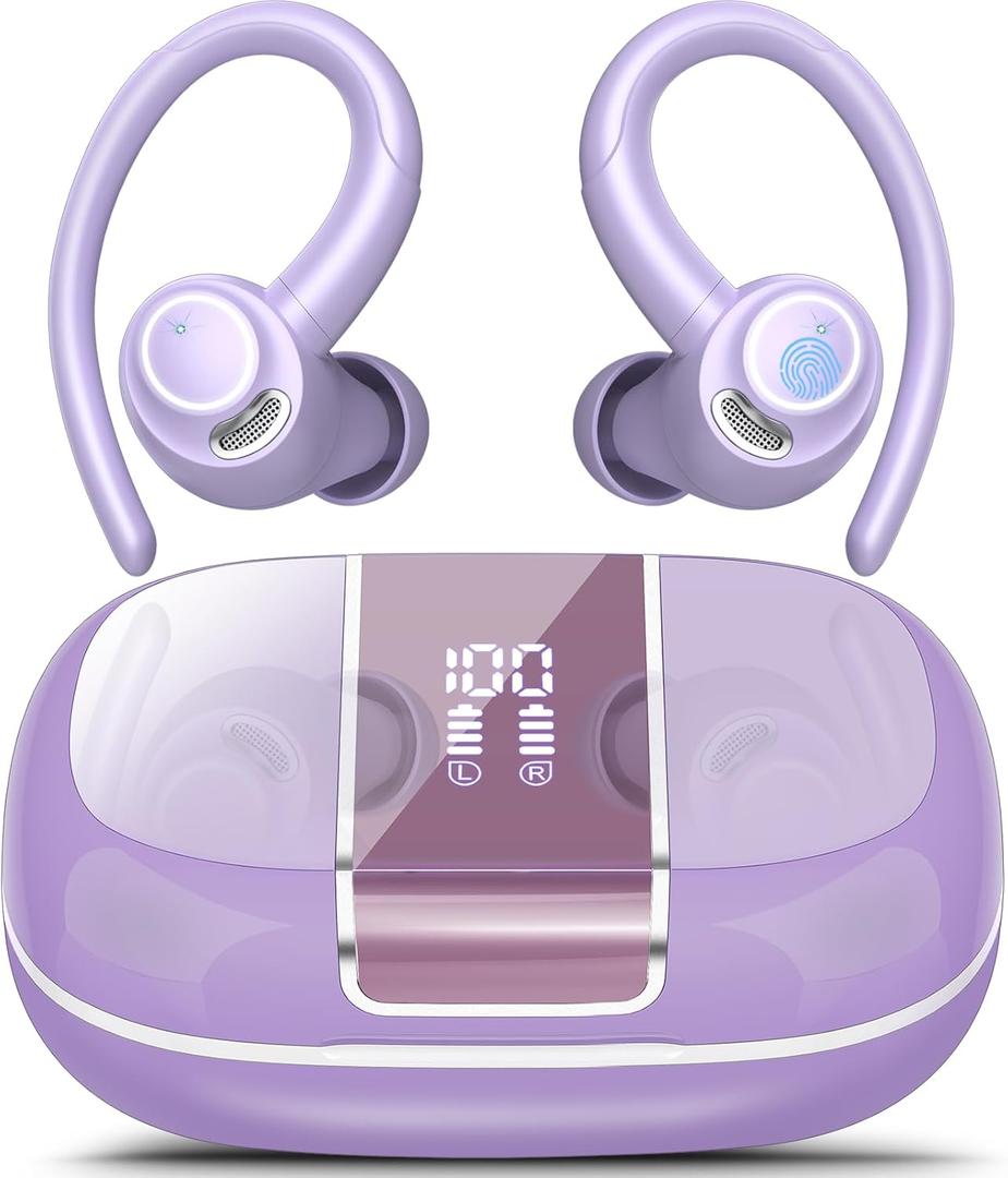 Wireless Earbuds Bluetooth 5.3 Headphones Sports, 48H Earphone with ENC Mic, Stereo Deep Bass Bluetooth Earbuds with Secure Earhooks, LED Display, IPX7 Waterproof Over Ear Buds for Running/Gym Purple