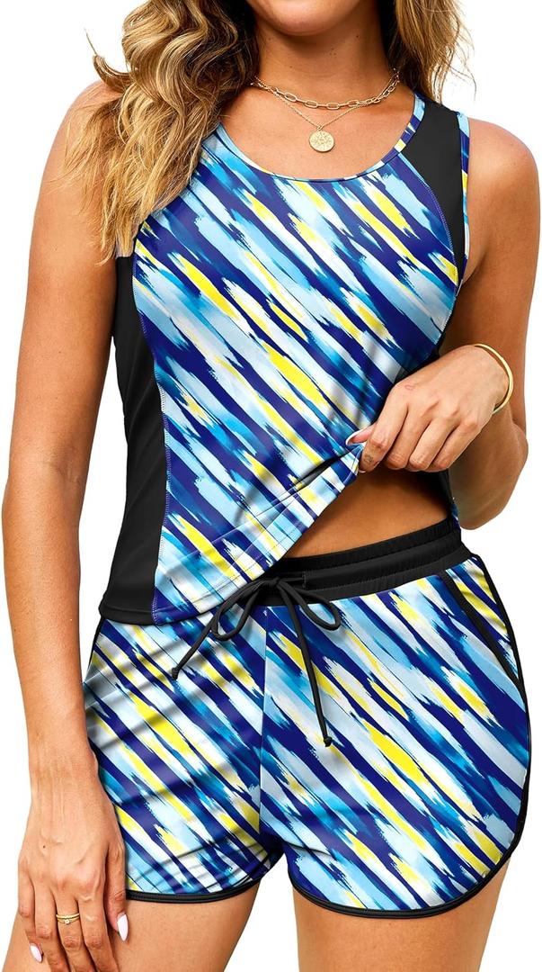 Arolina Tankini Swimsuits for Women Two Piece Athletic Bathing Suits Blouson Tankinis Top with Sporty Pockets Boy Shorts (M)