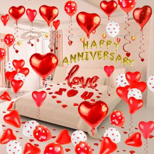 84PCS Happy Anniversary Balloons Kit - Happy Anniversary Decorations for Bedroom Love & Heart Balloons 1000PCS Silk Rose Heart Shaped USB Light String Petals for Romantic Night
