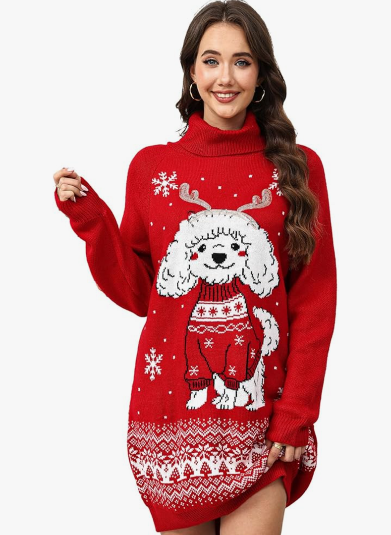 Womens Ugly Sweater Dress with Pockets Snowflake Design Oversized Turtleneck Long Sleeve Dress for Winter Holiday Xmas.Large