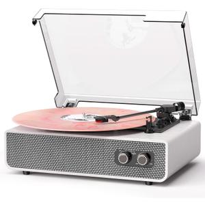 Bluetooth Vinyl Record Player with Built-in Stereo Speakers, Upgraded Sound Quality, 3-Speed Belt-Drive Turntable with Auto Stop, AUX/RCA, White Wood Grain Vinyl Player for Home Audio & Gift Use