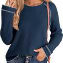 Dokotoo Womens Tops Long Sleeve Shirts Waffle Knit Tops Crewneck Fashion 2024 Casual T Shirts Loose Shirts Basic Tee (Blue, M)