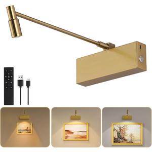 Adjustable LED Beam Picture Light for Wall, 8000mAh Rechargeable Wireless Art Light for Painting with Remote, Dimmable and Zoomable Picture Frame Spotlight for Gallery, Hallway (Brass)