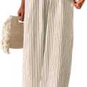 Acelitt Womens Casual Striped Wide Leg Pants Drawstring Elastic High Waisted 2026 Spring Fashion Beach Pants Trousers with Pockets Khaki Medium