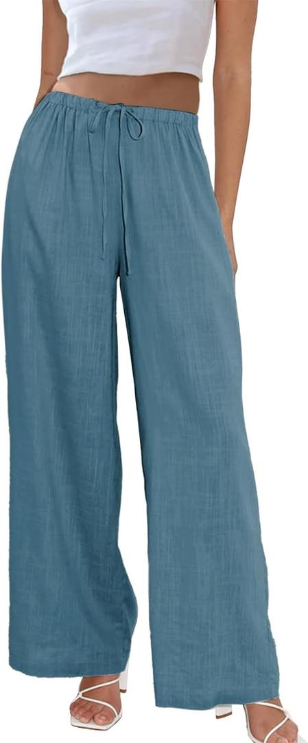 Duyang Womens Cotton Linen Palazzo Pants Drawstring Elastic Waist Casual Wide Leg Trousers with Pockets (X-Large, Lake-blue)