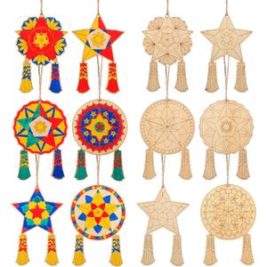 12 Pcs Philippine Christmas Tree Parol Craft Kit Color Your Own Wooden Filipino Christmas Ornaments Paint Crafts Kit Traditional Capiz Star Decorations