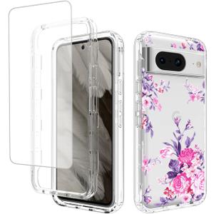 Case for Pixel 8 Case, Google 8 GKWS6 G9BQD with Tempered Glass Screen Protector, Floral Design Shockproof Bumper Full Body Protective Cell Phone Cover for Google Pixel 8 Rose