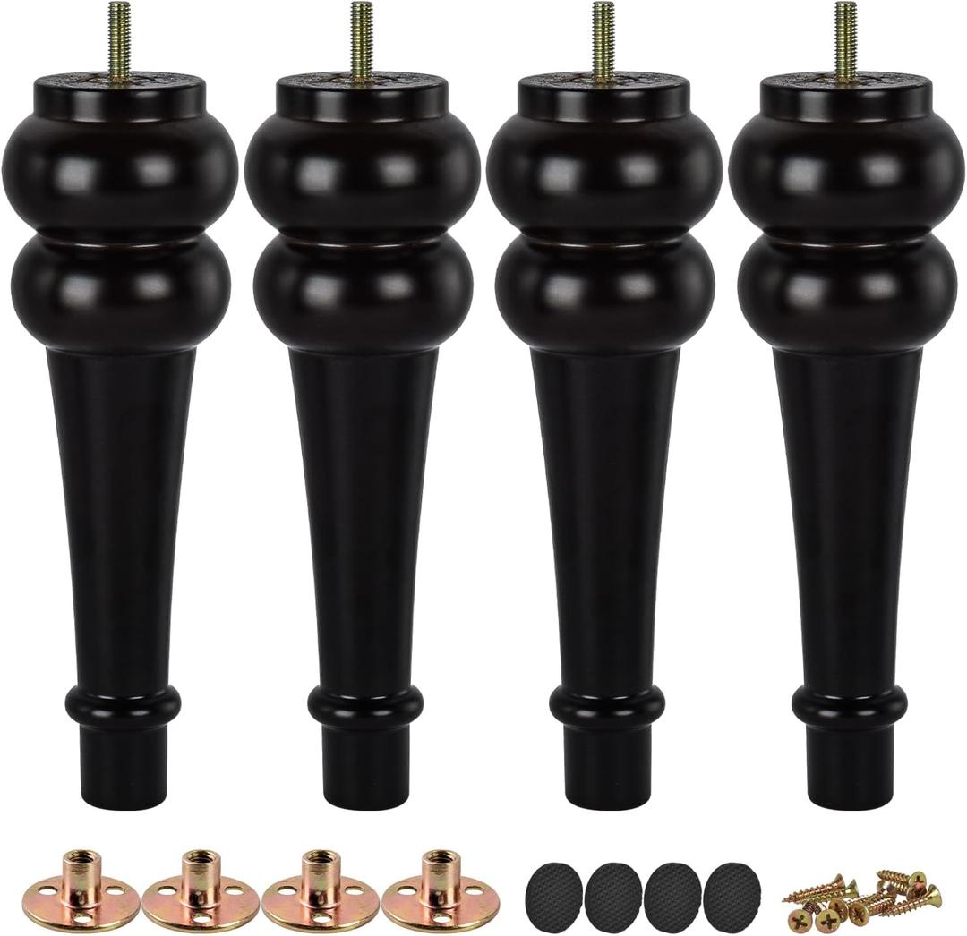 10 inch / 24cm Wooden Furniture Legs, Pack of 4 Walnut Solid Wood Turned DIY Replacement Bun Feet with M8 Hanger Bolts & T-Nuts or Sofa Couch Cabinet Recliner Ottoman Riser