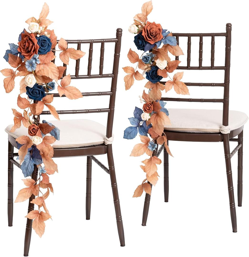 Ling's Moment Fall 10pcs Wedding Chair Decorations Aisle Floral Swag Artificial Pew Flowers Hanging Garland Terracotta Burnt Orange & Navy Blue for Ceremony Reception Church Rose Floral Party Outdoor, Russet Orange & Denim Blue