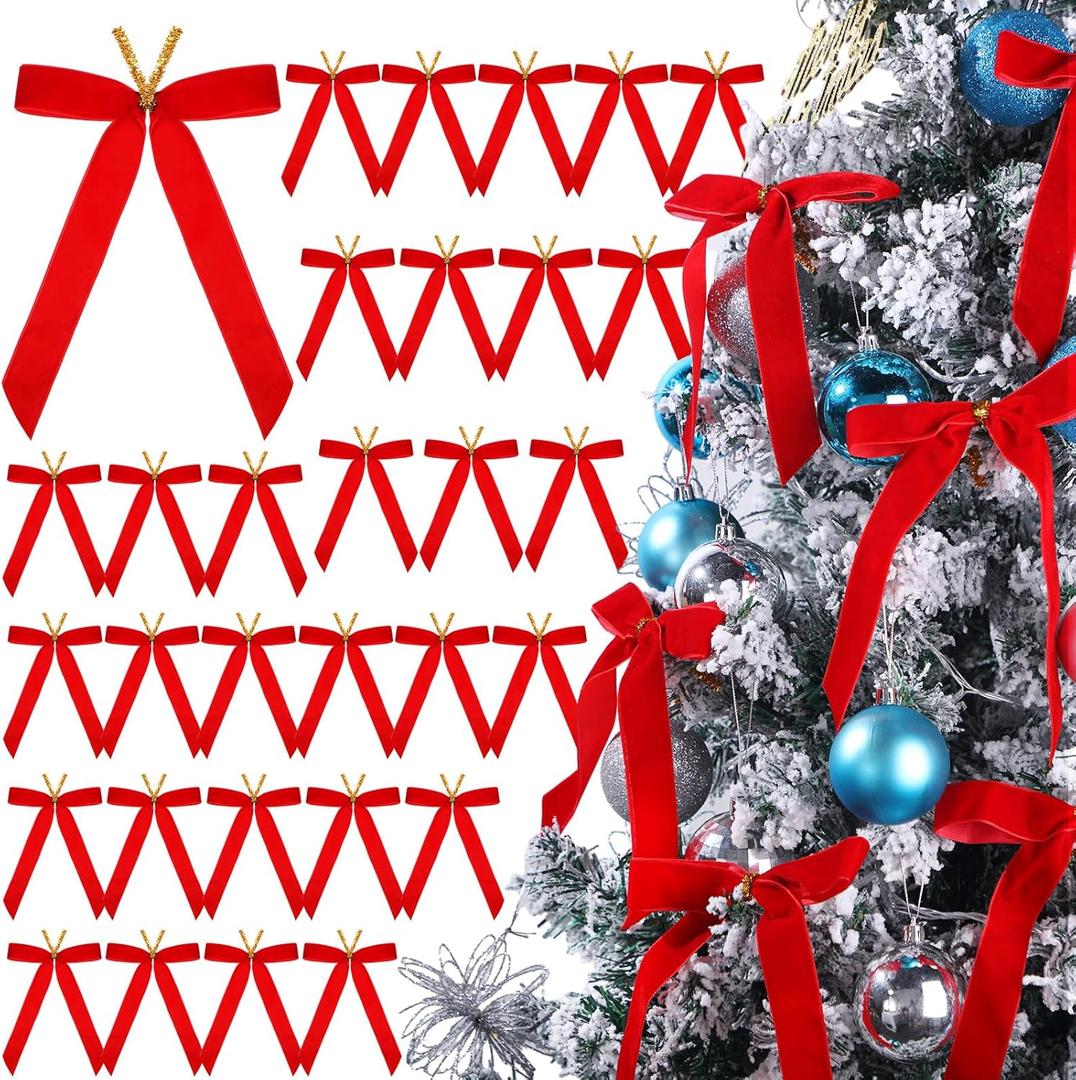 Riceshoot 30 Pcs Christmas Velvet Bow, 6 x 8 Inch Rustic Crafts Gift Bows Nice for Christmas Tree, Garland, Large Gifts, Parties, Indoor or Outdoor Decorations(Red)
