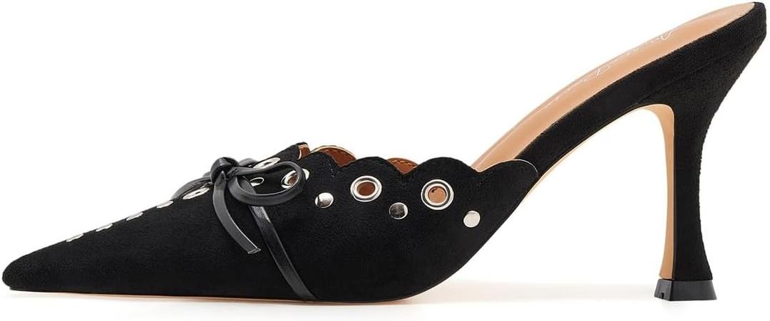 Bow Tie Heeled Mules for Women Pointy Studs Kitten Heels Dress Pumps Backless Stilettos Heels (6, Black)