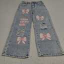 Floerns Girl's Heart Print Cute Ripped Baggy Jeans Straight Wide Leg Streetwear Denim Pants8Y