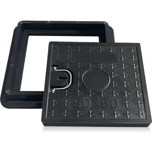 16x16 Manhole Cover and Frame, Square Solid Top Cover, Fiberglass Septic Tank Lid and Base, Non-Slip Embedded Sewer Cover w/Handle for Outside, Heavy Duty Concrete Replacement Lid for Yard, Garden