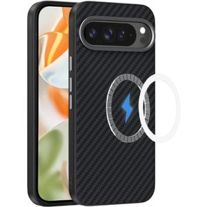 Magnetic Shockproof for Google Pixel 9A Case [Compatible with MagSafe Charging][Premium Carbon Fiber] Protective Slim Aramid Fiber Anti-Drop Camera Lens Full Protection, Black