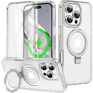 for iPhone 16 Pro Max Full Body Shockproof Case with Magnetic Invisible Stand [Compatible with MagSafe] Built-in Screen Protector Military Drop ProtectionTranslucent Phone Cover -White