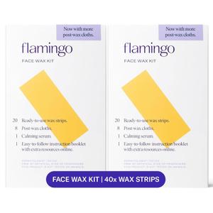 Flamingo Women Face Waxing Kit, Facial Waxing Kit with 20 Wax Strips for Face, 8 Post-Wax Cloths, and 1 Post-Wax Serum, Pack of 2