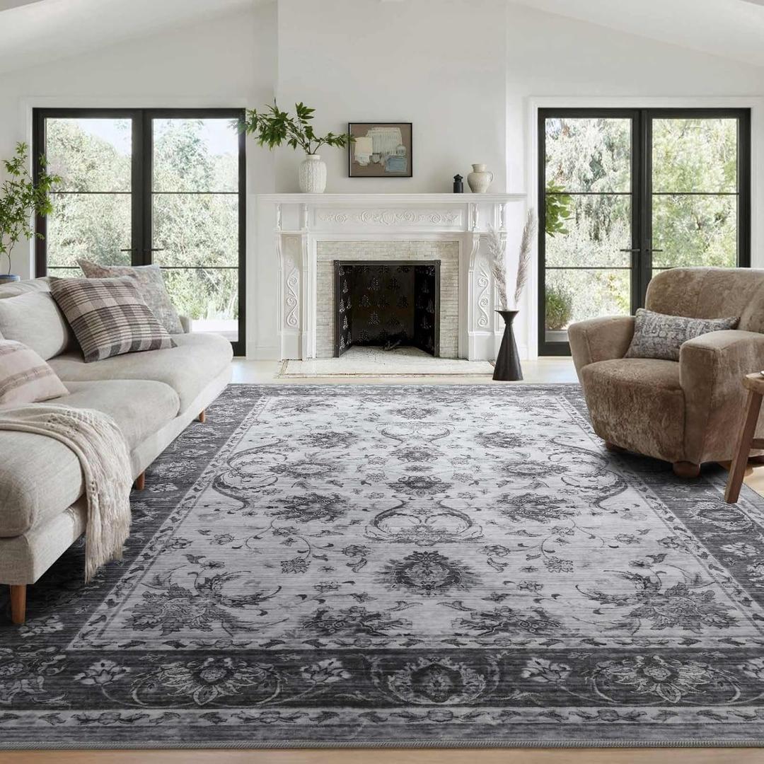8x10 Ft Extra Large Washable Area Rugs for Living Room, Thin Floral Vintage Print Rug Non Slip Carpet for Bedroom Dining Room Kidsroom Home Decor (Grey)