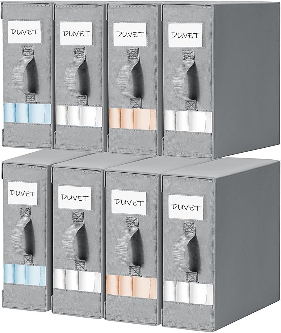 DIMJ Bed Sheet Organizers and Storage 8 Pack - Foldable Sheet Holder for Linen Bedding Storage Box for organization, Sheets Set Holder for Blanke, Towel (King & Queen Size), Grey