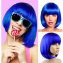Blue Bob Wig With Bangs 12 Inch Royal Blue Wig Short Synthetic Fiber Bob Wigs for Women Short Bob Wigs and Halloween Cosplay Wig for Daily Life Colorful Wigs With One Cap (Blue)