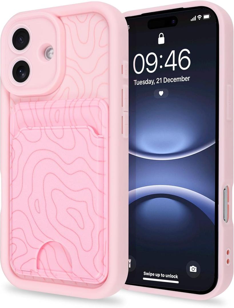 MZELQ Compatible with iPhone 17 Case 2025 Silicone Card Holder, Cute Pattern Wave Ripple Cover for Girls Women -Pink