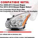Headlights Assembly Compatible with 2008 2009 2010 2011 2012 2013 Nissan Rogue Halogen Head Lamp Replacement, Not Fit HID Models, Chrome Housing Amber Reflector