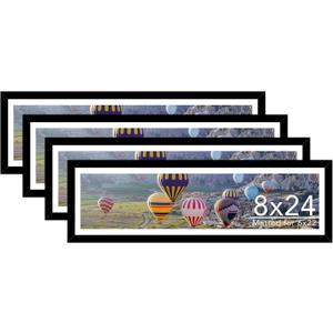 JCJMY 8x24 Picture Frame Set of 4 with 6x22 Mat, Panoramic Picture Frame Display Photo 6x22 with Mat or 8 x 24 Without Mat, Wall Hanging Large 8 by 24 Poster Frame with Plexiglass, 4 Pack, Black