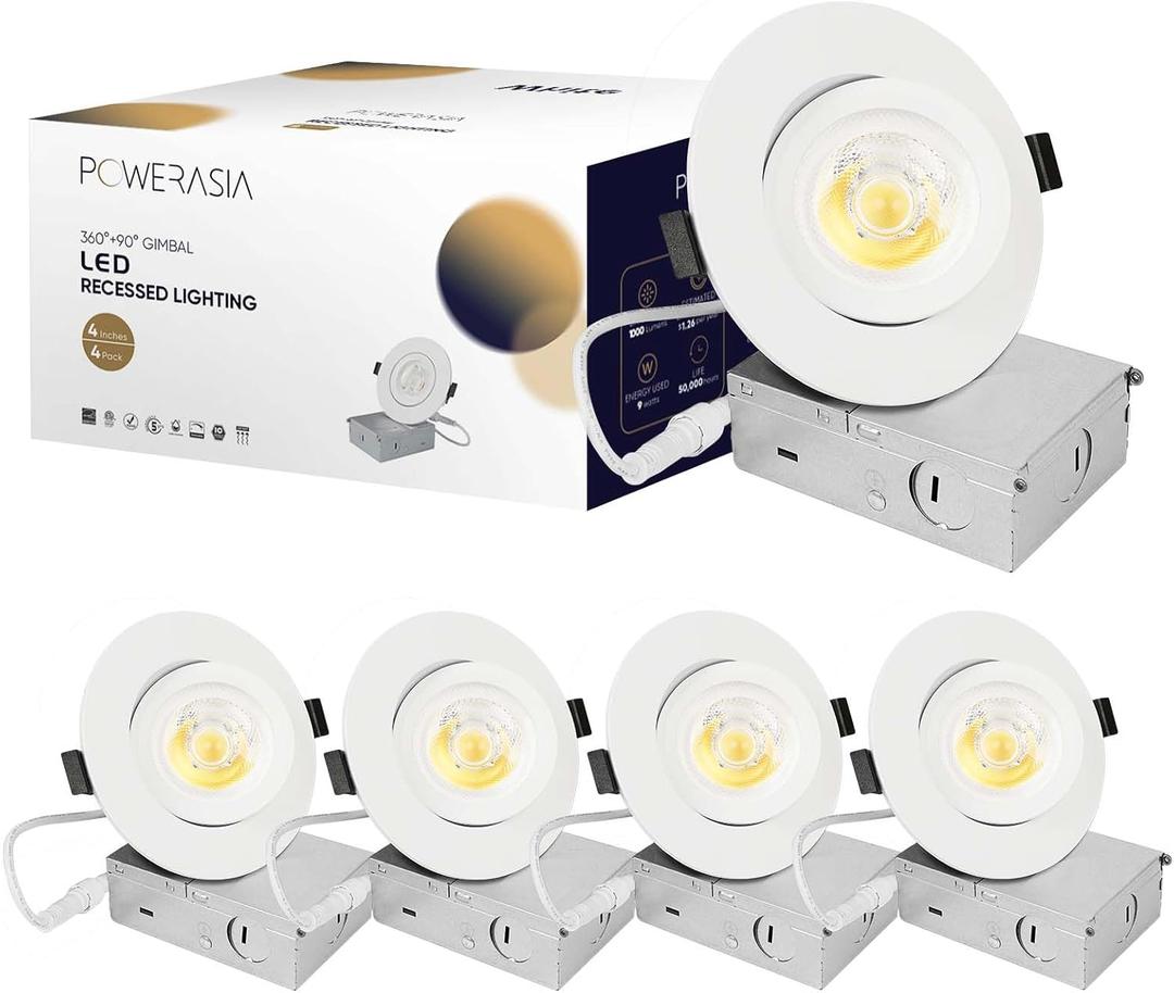 4 Pack 4 Inch Gimbal LED Recessed Lighting with Junction Box, 5CCT 2700K-6000K Selectable, 360+90 Adjustable Directional Eyeball Light, 9W 1000LM Slim Canless Downlight - ETL and Energy Star (4INCH, 4P)