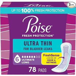 Poise Ultra Thin Incontinence Pads & Postpartum Pads for Bladder Leaks, 6 Drop Ultimate Absorbency, Long Length, 78 Count 