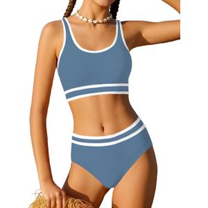 Girls Swimsuit Double Strap High Waist Sporty Bikini Swimsuits Swim Cover Up Skirt 3 Piece Set (13-14 Years, Gray-blue)