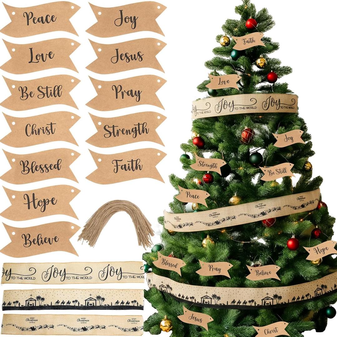 2 x Jenaai 24 Christian Christmas Ornaments with 3 Pcs 27.5 in Nativity Scene Burlap Ribbons Kraft Paper Jesus Name Christmas Tree Ornament Nativity Xmas Tree Hanging Decor Religious Gift for Church Home