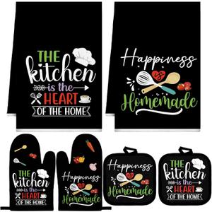 Sratte 6 Pcs Kitchen Decor Accessories Set Farmhouse Towels Pot Holders Oven Mitts Set 2 Dish Towels 2 Potholders 2 Cooking Mittens Oven Glove for Christmas Baking Cooking (Black Color)