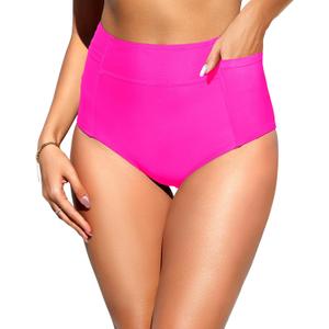 Tempt Me Women High Waisted Swimsuit Bikini Bottoms - Tummy Control Swim Bottom Full Coverage Bathing Suit with Pockets 2025 (Small, Hot Pink)