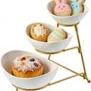 LYEOBOH 3 Tier Serving Bowls Set Tiered Serving Stand, Porcelain Oval Bowls with Collapsible Metal Stand for Entertaining, Party, Dessert Display, Candy, Chip and Dip (Gold)-45oz / 17.5oz / 7oz