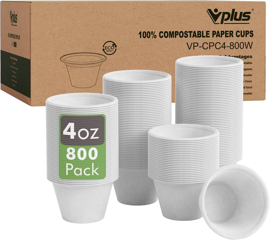 Vplus 800 Pack 4 OZ Disposable Souffle Cups, 100% Compostable Portion Cups, Made From Bagasse Fibe and Bamboo, Perfect For Dips, Food Sample, Jams, Honey, Sauces, Nuts