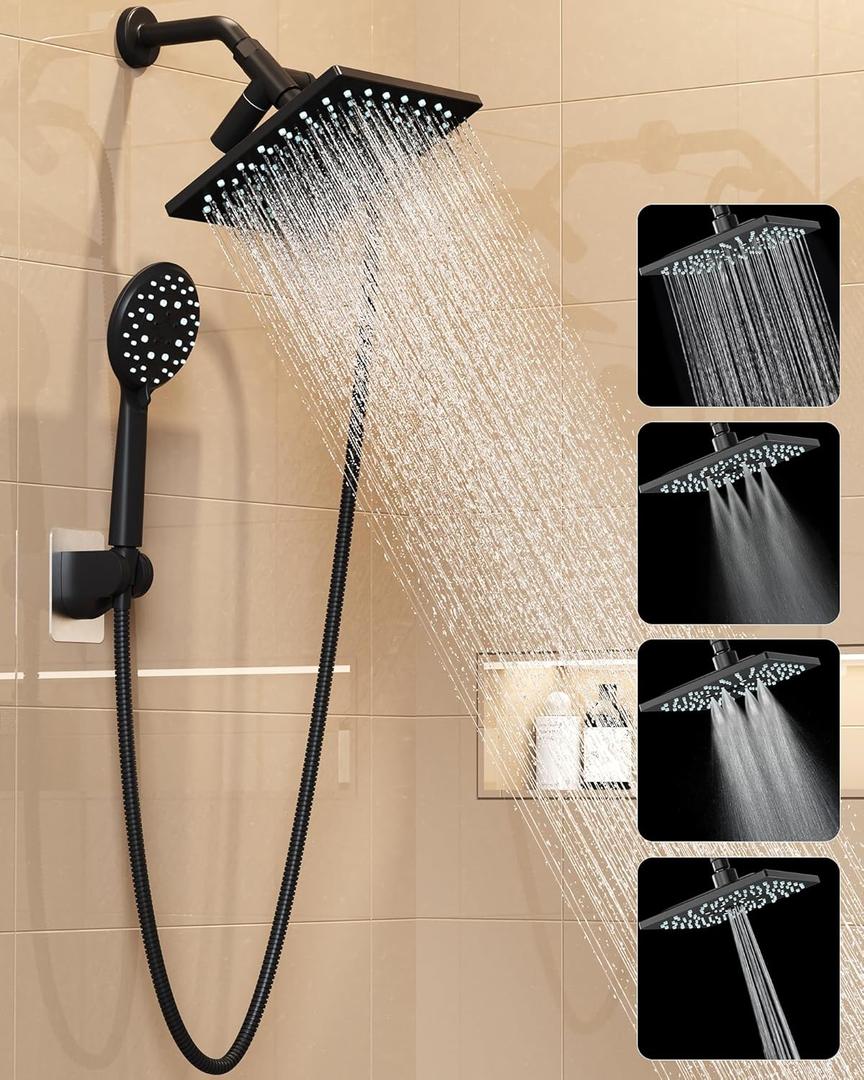 Veken High Pressure Rain Shower Head with Handheld, Multi-Functions Square Rainfall Shower Heads with 5-Mode Handheld Spray Combo, Detachable Hand Held Showerhead, Dual Matte Black Regaderas Para