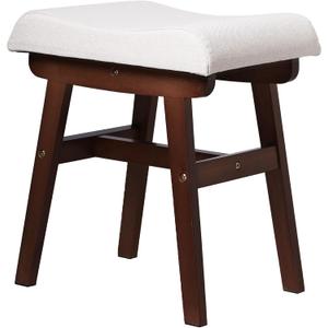Wood Vanity Stool Chair, 17.7 Inch Compact Makeup Chairs with Saddle Cushion, Linen-Covered High Rebound Sponge Seat, Easy Assembly Footstool for Bedroom, Entryway, Home, Walnut Ottomans