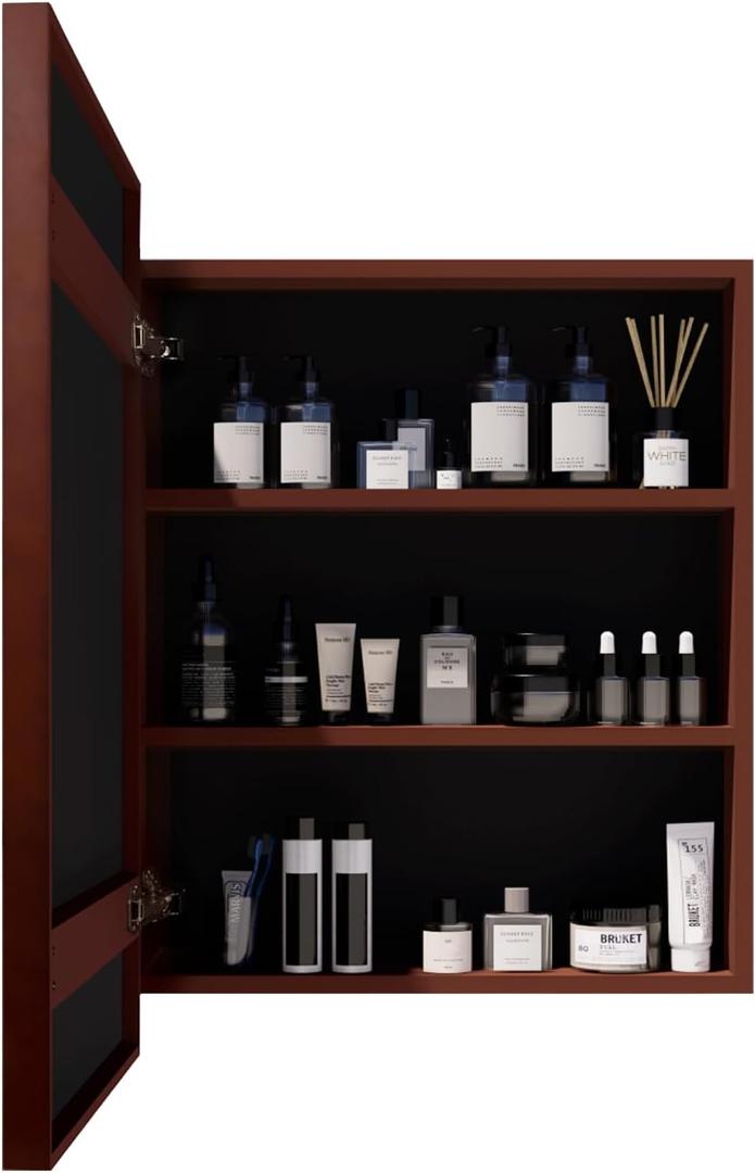Wood Framed Medicine Cabinet Organizer with Mirror, Surface Mounting or in-wall Installation (Brown, 18x24)