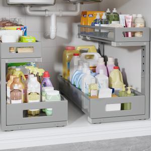 2 Pack 19IN Depth Under Sink Storage Organizer, Large 2-Tier Elegant Mesh Pull Out Shelf for Kitchen and Bathroom Cabinet Organization, L-Shaped and Adjustable Height Design-Gun Gray