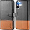 TUCCH Wallet Case for iPhone 17 (6.3") 2025, RFID Blocking 4 Card Slots, Kickstand, Shockproof TPU Shell, PU Leather, Magnetic Closure, Protective Flip Folio Cover, Black & Brown