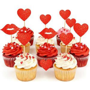 40Pcs Valentines Cupcake Toppers Red Heart & Lips Glitter Love Picks for Valentine's Day Anniversary Wedding Birthday Party Cake Decorations