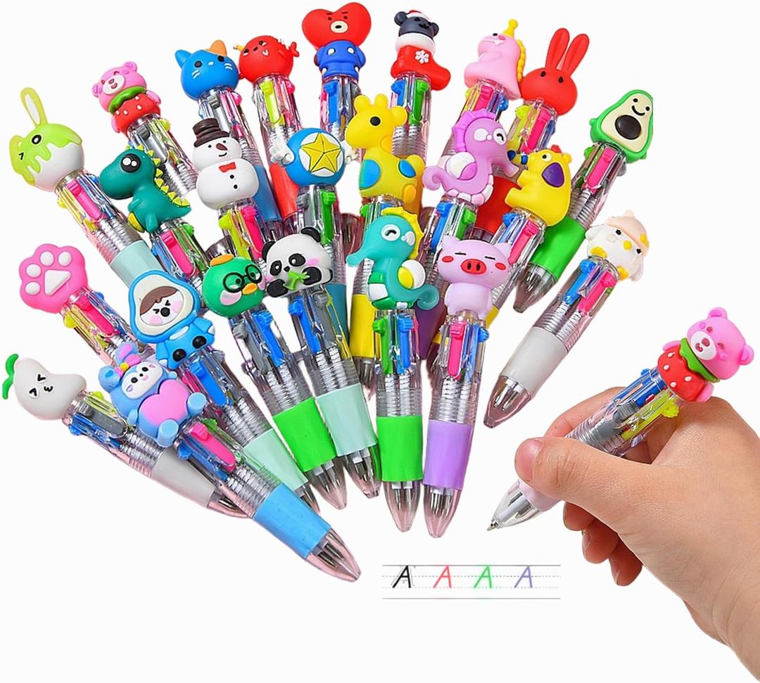 Kawaii Animal 4-in-1 Multicolor Pens (30 Pcs Bulk Pack) | Cute Ballpoint Pens for Kids Party Favors, Classroom Prizes, School Gifts with Assorted Ink - Adorable Writing Tools for Girls & Boys